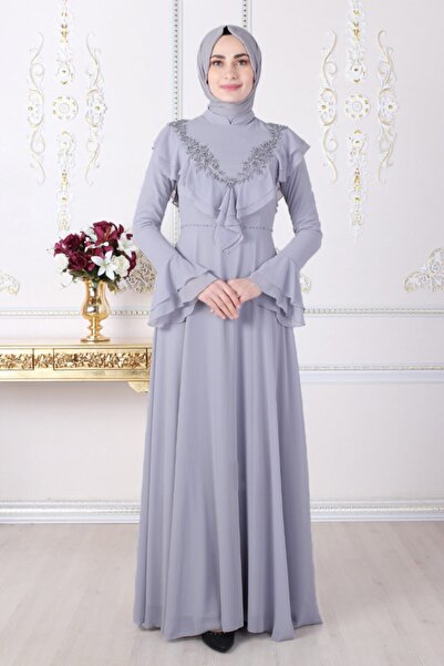 Feiza Collection Fırfır Detaylı Tesettür Abiye Elbise - Gri