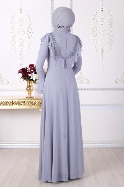 Feiza Collection Fırfır Detaylı Tesettür Abiye Elbise - Gri