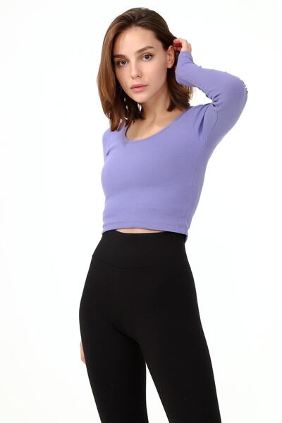 LAENT Bluză crop tricotată cu mânecă lungă, mov, cu decolteu triplu