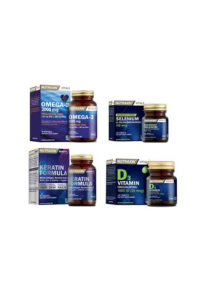 Nutraxin Omega 3 2000 Mg + Selenium 100 Tablets + Keratin Formula 60 Tablets + Vitamin D3 120 Tablets