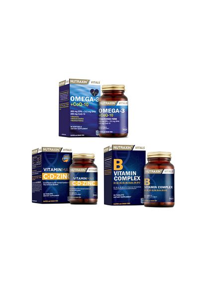 Nutraxin Omega 3 and Coq-10 (Coenzyme) 60 Capsules + Vitamina Max (C,D,Zinc) 60 Tablets + Vitamin B 60 Tablets
