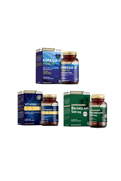 Nutraxin Omega 3 and Coq-10 Coenzyme 60 Capsules +VitaminMax (c,d,zinc) 60 Tablets +Bromelain60 Capsules