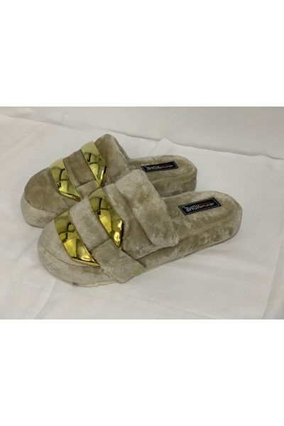 Akınal Bella Akınalbella Cream Χρώμα Χρυσή Αλυσίδα Λεπτομερείς Φανταχτερές Βελούδινες Παντόφλες Εσωτερικού Σπιτιού με Γούνα Εσωτερικά