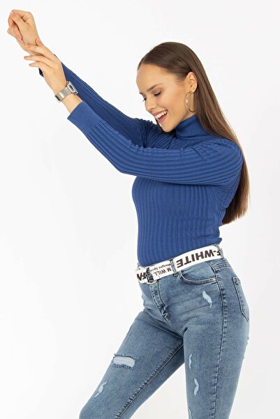 Nacar Kadın Indigo Fitilli Boğazlı Kazak