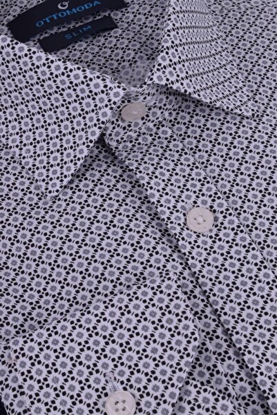 Ottomoda Erkek Siyah-beyaz Desenli Uzun Kollu Slim Fit Gömlek, Ot-cp-20068