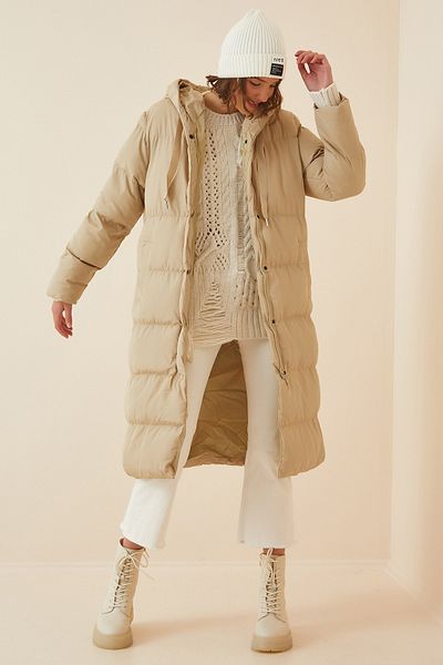 Happiness İstanbul Cremefarbener, übergroßer Puffermantel mit Kapuze für Damen FD00005