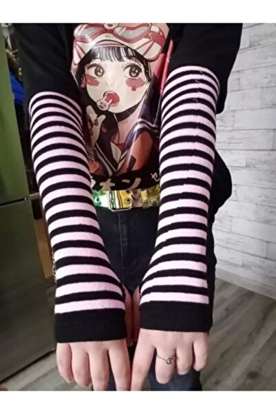 Köstebek Anime Grunge Punk Black White Striped Sleeve