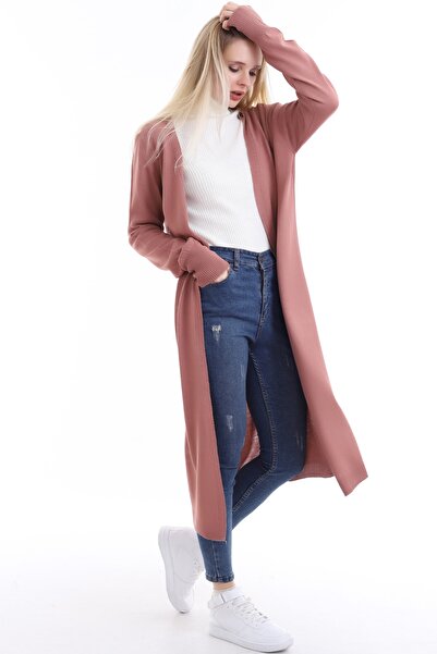 Matte Women's Pink V-Neck Long Knitwear Cardigan