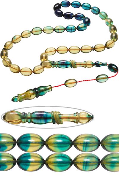 Tesbih Atölyesi Blue Transparent Colored Beige Cut Special Fire Amber Prayer Beads