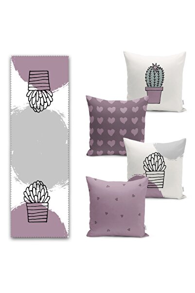 Realhomes Fusya Zemin Kaktüs & Kalp Tasarımlı 4 Kırlent 1 Runner Seti