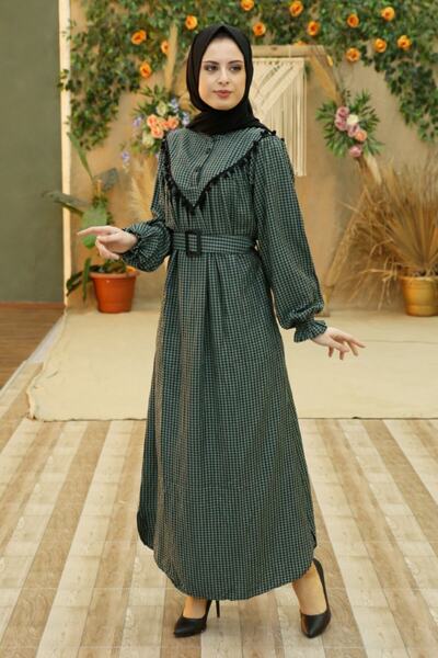 Feiza Collection Ekose Desenli Tesettür Elbise - Yeşil