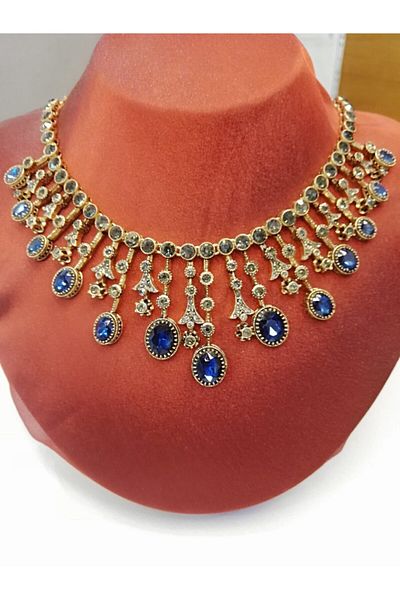 Aşina Gümüş Diamond Mounted - Gold Ruby Jewelled, Choker Earring Ring and Bracelet Set