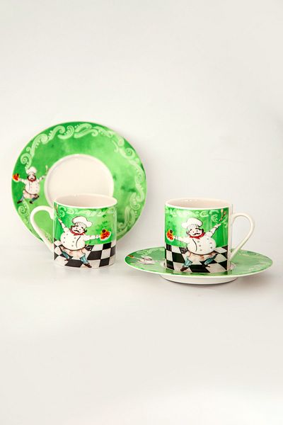Bursa Porselen Dekor Green Chef Coffee Cup Set for Two