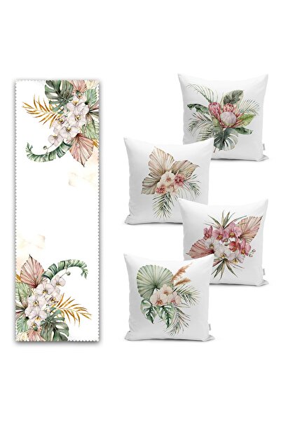 Realhomes مجموعة من 4 وسائد رمي و1 عداء بتصميم أوراق استوائية مجففة