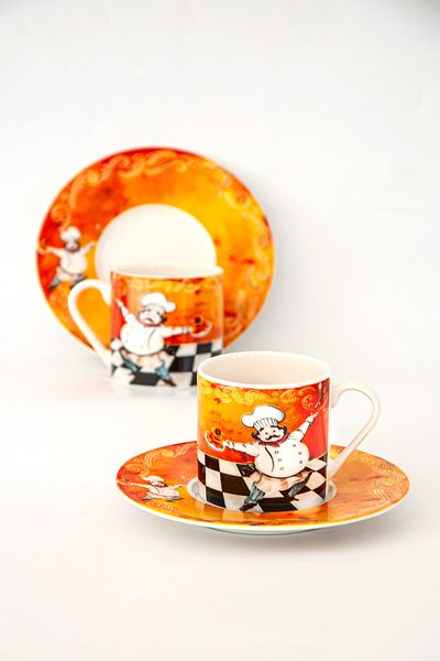 Bursa Porselen Dekor Yellow Chef Coffee Cup Set for Two