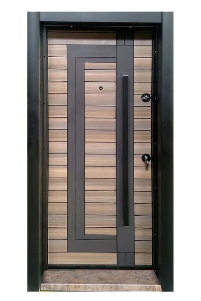 Tezdoor Çelik Kapı Modelleri Siyah Kasalı Rustik Çizgili Düz Model Daire Kapısı Sol Açılım