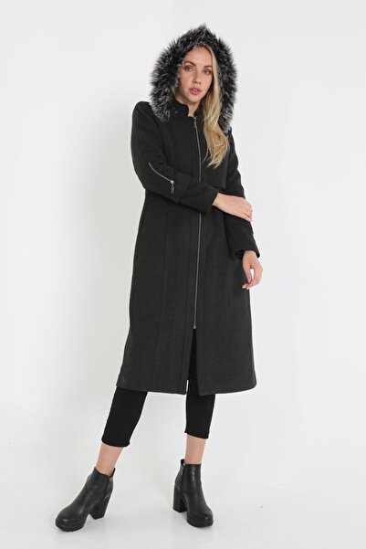 KMKkombin Palton de damă din cașmir cu glugă din blană