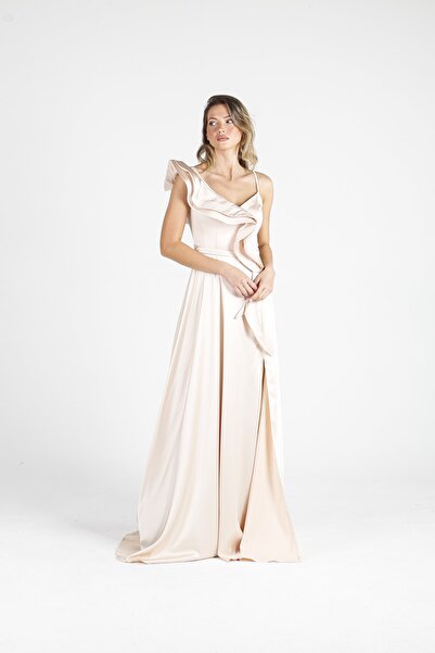 ALİS DRESS Tek Omuzlu Fırfırlı Yırtmaçlı Bej Saten Abiye