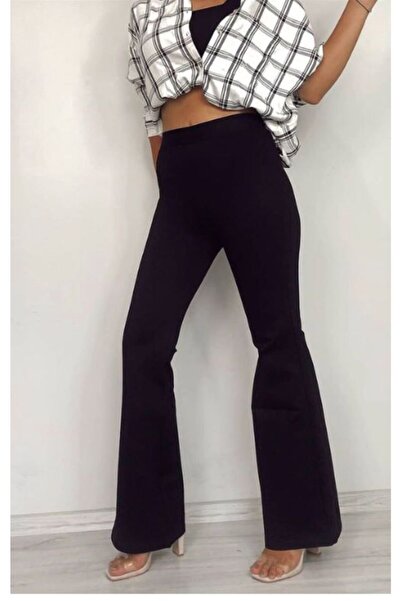 Zulu Kadın Siyah Kışlık Yüksek Bel Ispanyol Paça Çelik Örme Pantolon