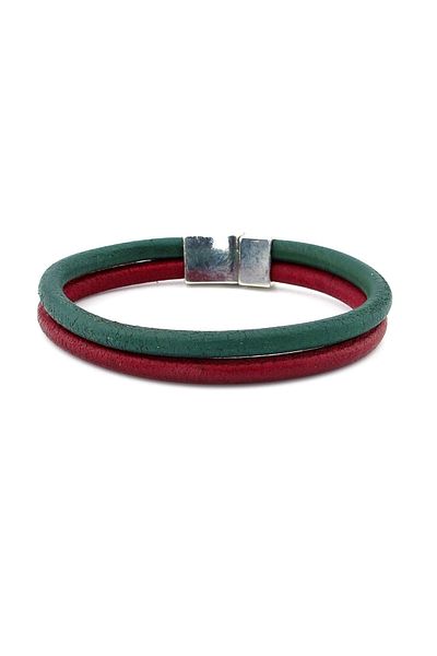 Solfera Burgundy Green Original Leather Metal Magnet Bracelet M016j