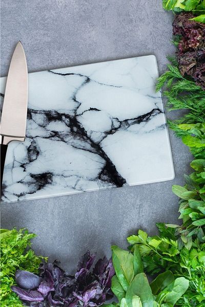 vipgross Tempered Glass Cutting Board 20*30 White Marble – Anti-Scratch, Heat Resistant, Unbreakable, Anti-Slip
