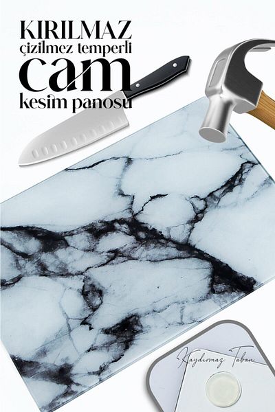 vipgross Tempered Glass Cutting Board 20*30 White Marble – Anti-Scratch, Heat Resistant, Unbreakable, Anti-Slip