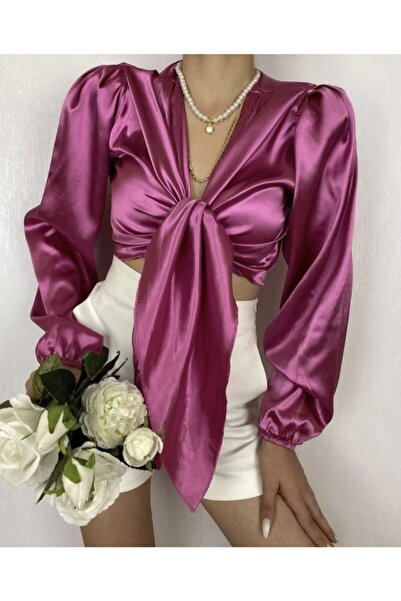 Moda Stayl Saten Parlak Kadın Gömlek Dekolte