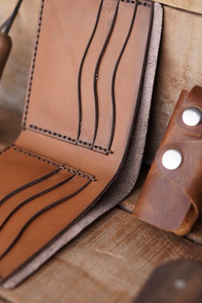 New Coast Leather 1900's Комплект ключодържатели от мъжки портфейл от естествена кожа, ръчно изработен