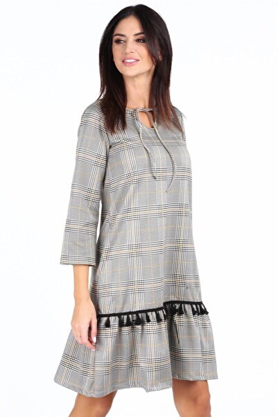 fasardi Püsküllü Ekose Midi Elbise