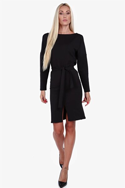 fasardi Bisiklet Yaka Fermuar Detaylı Midi Elbise