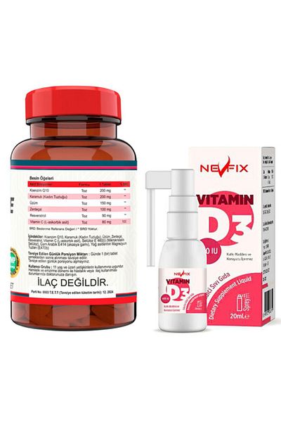 Nevfix Coenzyme Q10 and Vitamin D3 - 200 Mg Cotton 120 Tablets and 20 ml Liquid
