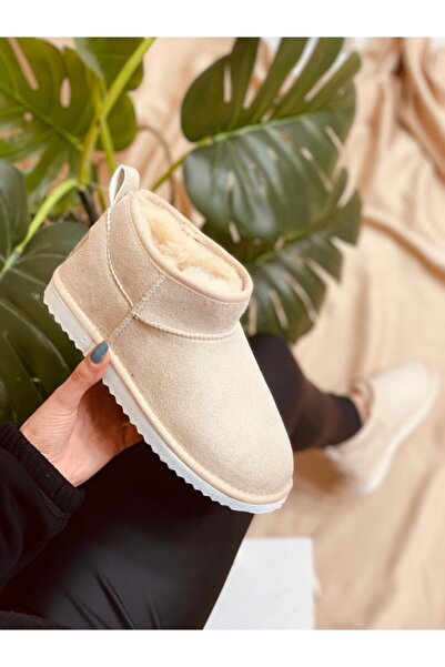 POLENS Kadın Ultra Mini Bej Içi Yünlü Kürklü Bot Ayakkabı