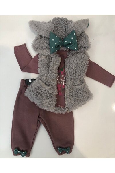 Cumino Peluş Yelekli Kız Bebek 3lü Takım