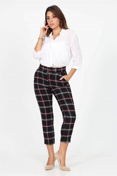 Neşeli Butik Women's Belted Plaid Patterned Eyebrow Pants Qns010