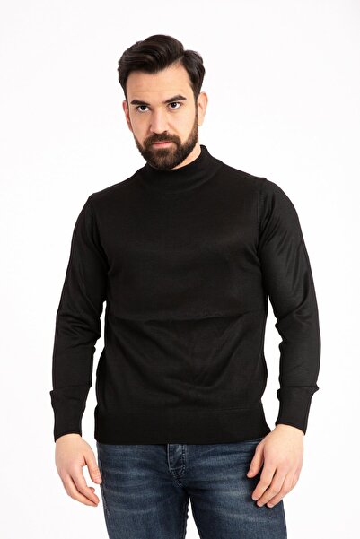 NOBLE STORE Ανδρικό μαύρο λεπτό μάλλινο πλεκτό πουλόβερ Dad Half Fisherman Th...