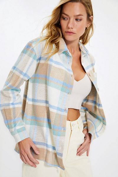 Trendyol Collection Blue Plaid Pocket Oversize/Wide Fit Woven Shirt TWOAW22GO0234
