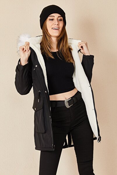 HAKKE Women's Snap-Up Hooded Fur Coat with Chest Pocket