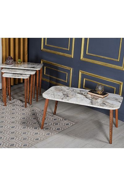 GOLDFALEZ 4-Piece Traditional Coffee Table Set Efes Collection | Wooden Leg Design | Living Room Furniture
