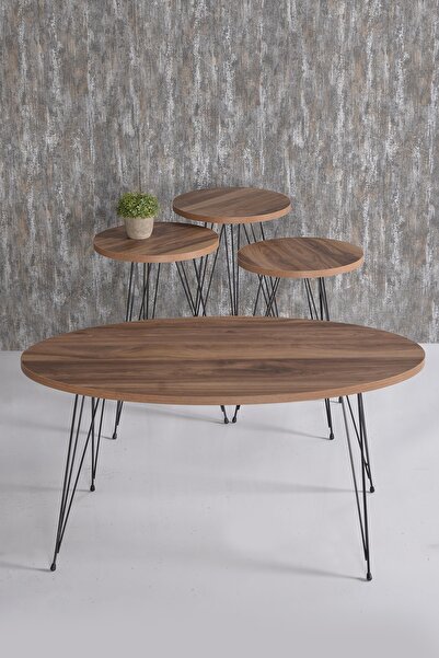 GOLDFALEZ Orta Sehpa Ve Zigon Sehpa Ceviz Set Tel Ayak Elips