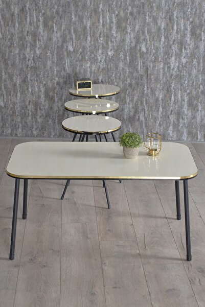 GOLDFALEZ Zigon Sehpa Ve Orta Sehpa Kr Set Siyah Metal Ayak Çift Altın Krem