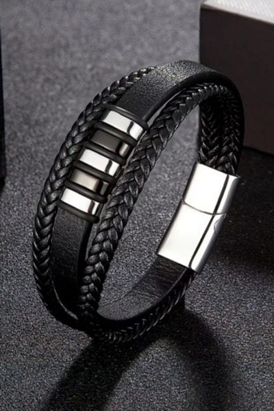 Gogoey Men's Bracelet Genuine Leather - Black Silver Straw Knitted Stylish Modern