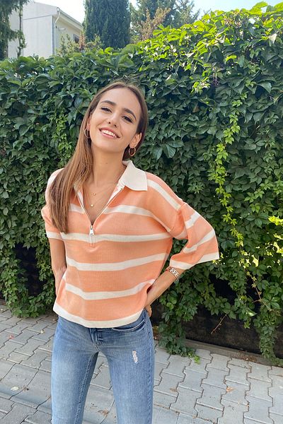 Qu Style Tricoturi guler polo cu fermoar-roz