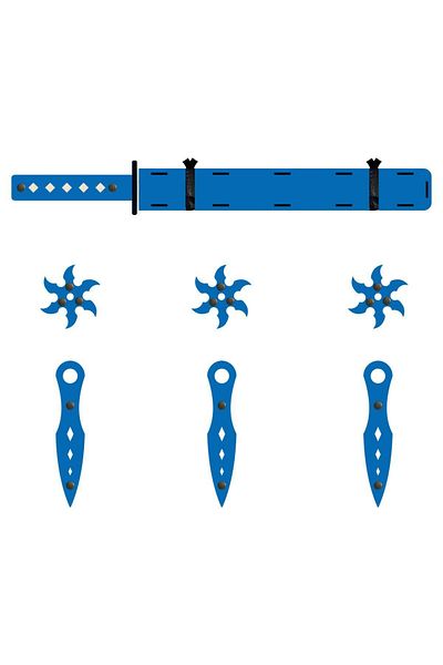 Ahtek Set of 3 Wooden Samurai - Katana, Ninja Star and Kunai Blue Throwing Knife