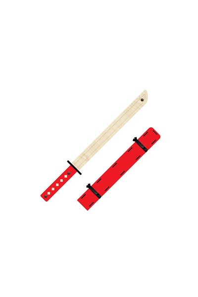 Ahtek Wooden Samurai Set 4 Pieces, Shield + Katana Sword + Ninja Star Kohga + Throwing Knife Kunai Red