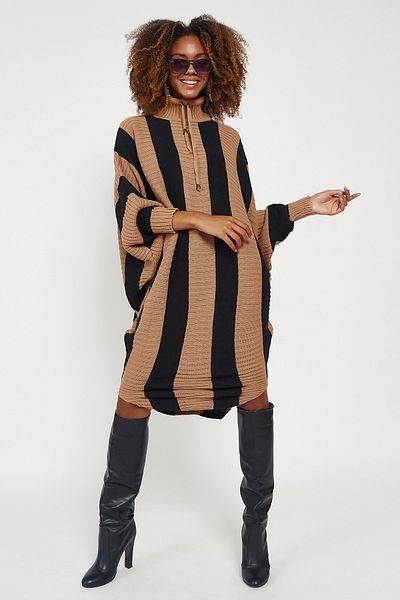 Hopoi Γυναικείο πλεκτό Poncho Black-Camel ριγέ