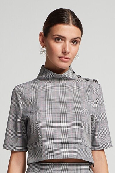 Hanna's by Hanna Darsa Kadın Gri Ekoseli Yakası Düğmeli Kısa Kollu Dokuma Cro...