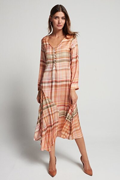 Hanna's by Hanna Darsa Kadın Turuncu Çizgili Eteği Asimetrik Dokuma Elbise Hn...