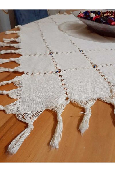 AKIN AKSESUAR HEDİYELİK Față de masă Buldan Scutece Culoare Crem Cu Ciucuri și Mărgele Evil Eye 90*90 Cm
