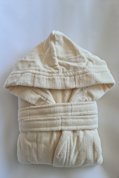 Aylin Krem Kadife Kapüşonlu Junior Bornoz, Genç Yetişkin %100 Pamuk