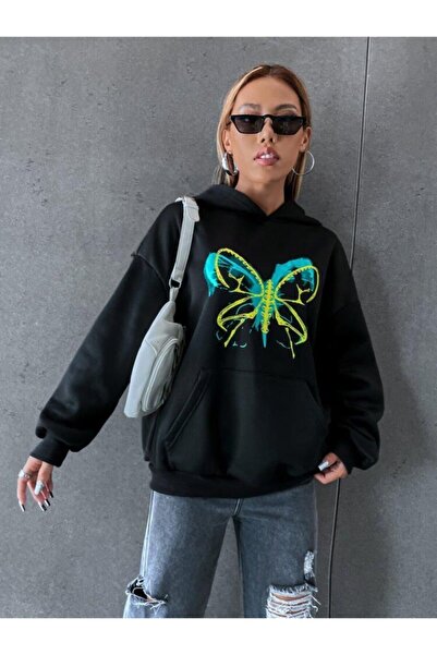 Relax family xf Γυναικείο φούτερ με κουκούλα Xrkelebek με στάμπα μαύρο